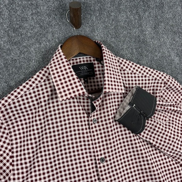 WRK Mens 4-Way Stretch Long Sleeve Button Down Shirt Burgundy Gingham Size 16 - Picture 1 of 6